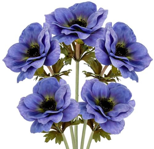 Briful 5er Set Künstliche Anemonen Kunstblumen Wie Echt Kunstzweige Blaue Frühlingsblumen, Länge 53 cm, Dekoblumen für Blumengesteck Home Resto Büro Dekoration