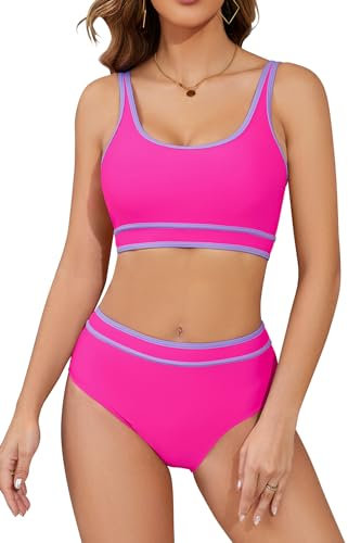 SHEKINI Speed Bikini 2 pièces pour femme - Maillot de bain sportif pour femme - Maillot de bain 2 pièces - Bustier de piscine, Rose, L