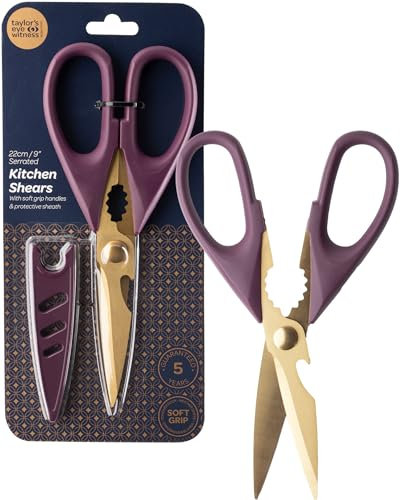 Heavy Duty Kitchen Scissor Shears - Large, Strong, Soft Grip, Dishwasher Safe, Multi-Purpose, Utility Food Cooking Snips, Bottle Opener & Safety Sheath. 23cm/9” Purple & Gold. by Taylors Eye Witness