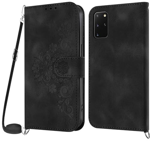 NETANY Handykette Hülle für Samsung Galaxy S20 Plus, Handyhülle für Samsung S20 Plus Hülle mit Kette Klappbar, PU Leder Necklace Klapphülle und Umhängeband Lanyard Flip Schutzhülle mit Band (Schwarz)
