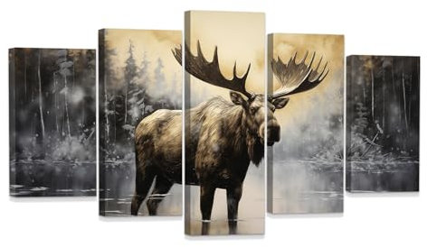 ZXHYWYM Elch Leinwand Wanddruck 5 teilig abstraktes Wildtiergemälde Vintage Elch Hirsch Wandbilder rustikale Hütte Bauernhaus Wanddekoration mit Rahmen (C (30x50cmx2 30x75cmx2 30x100cmx1))