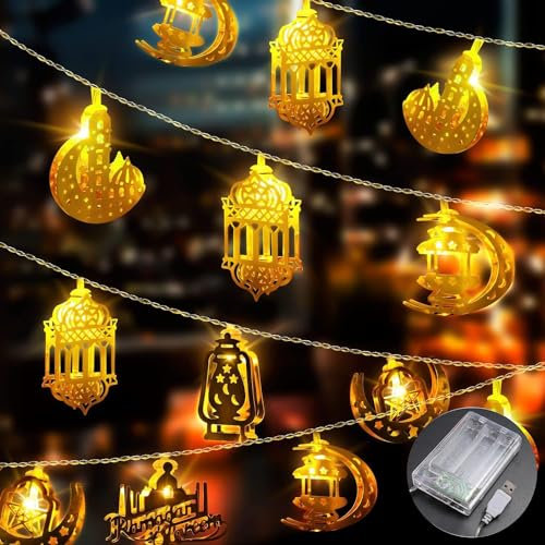 Lecone RamadanDeko Ramadan Lichterkette 4M 20 LEDs Batteriebetrieben USB Stern Mond Laternen Muslim Dekoration für Islam Deko Ramadan Eid Mubarak Deko, Heim Dekoration Party Zubehör