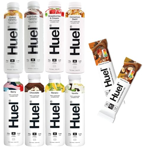 Huel Ready-To Drink Bundle: 8 Flaschen + 2 Huel Complete Nutrition Protein Riegel, Frucht-Vanille-Kaffee, Schokolade