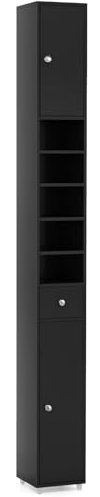COSTWAY Slim Bathroom Tall Cabinet, Freestanding Storage Cupboard with 2 Doors, 1 Drawer & Adjustable Shelves, Wooden High Floor Cabinet Unit for Bathroom Living Room Kitchen, 20x20x180cm (Black)