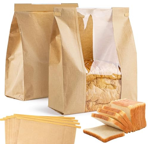 MAQIHAN 24PCS Reusable Brown Kraft Paper Bread Bags - Sourdough, Artisan, Boule Bread Storage & Gifting - 21x9x31cm/8.2x3.5x12.2in - Wire Closure