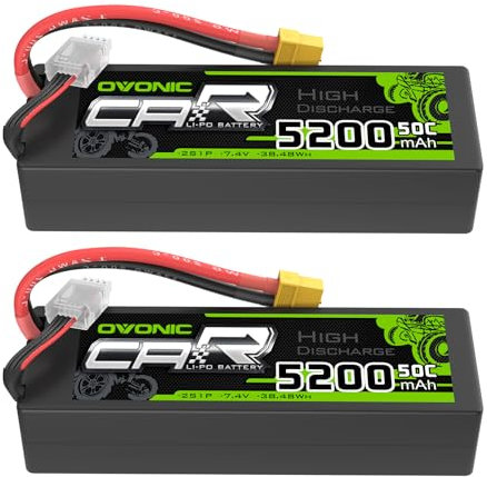 OVONIC 2S Lipo Akku 5200mAh 7.4V 50C Hardcase Lipo Akku mit XT60 Stecker für 1/8 or 1/10 RC Car Trucks RC Flugzeug RC Hubschrauber RC Auto RC Boot(2PCS)