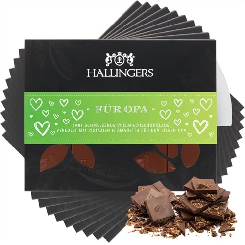 Hallingers Genuss Manufaktur Schokolade Vatertagsgeschenk - Tafel Edelkakao handgeschöpft ohne Alkohol edler Karton 10x Für Opa Pistazie-Amaretto, Geschenkidee für Papa Opa