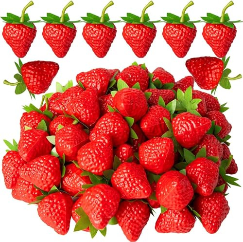 SYOZPXY 40Pcs Plastic Strawberry, Artificial Red Strawberry | Fake Living Fruit Plastic Strawberries Home Kitchen Party Decoration Photography Props