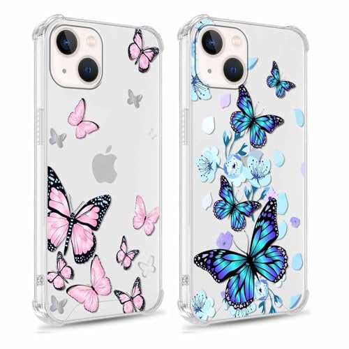 Yoedge 2 Pack Clear Phone Case Compatible with iPhone 14/iPhone 13 6.1, Transparent Silicone with Butterfly Aesthetics Pattern, Shockproof Bumper Protector Matte Cover for iPhone 14, Girls