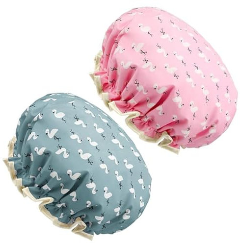 2 PCS Shower Caps, Elastic Band Waterproof Bath Caps, Double Layers Waterproof Shower Caps, Bath Shower Hat, Reusable, Keeping Hair Dry Kitchen Oil-proof Cap for Girls and Women