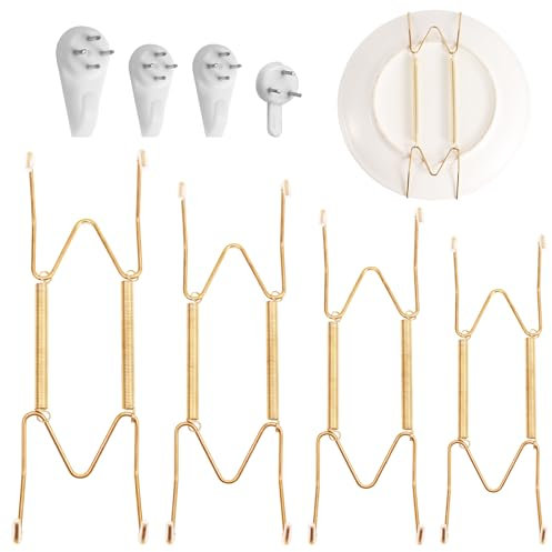 XIHIRCD 4Pcs Plate Hangers for Walls, 6/8/10/12 Inch Stainless Steel W-Shaped Gold Plate Hooks Vertical Dish Holder Display Wall Mount for Antique Arts Decorative Plates