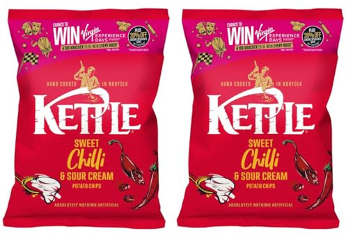 Kettle Chips Sweet Chilli & Sour Cream Sharing Crisps, 130g, (Pack Of 2), Hand Cooked in Norfolk, Absolutely Nothing Artificial, British Potatoes, Gluten-Free, Suitable for Vegetarians