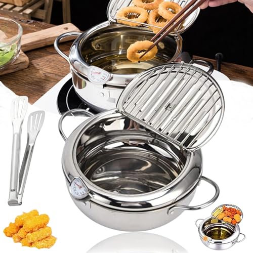 Meritdeteno Stainless Steel Frying Pot with Thermometer and Oil Drip Drainer Rack, Japanese Deep Fryer Pot, Japanese Deep Fryer with Temperature Gauge, 304 Stainless Steel Oil Filter Pot (3.2L)