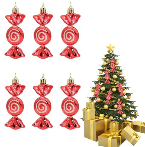 Bliceon 6 Pieces Christmas Ornaments, Tree Candy Hanging Decorations, Sweet Shaped Baubles for Xmas Party, Red Glitter Candy