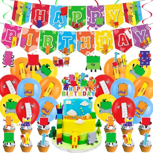 40PCS Number Birthday Party Decorations Set, Block Game Theme Birthday Party Supplies Number Latex Balloons Happy Birthday Banner Cake Cupcake Toppers for Kids’ Birthday Decorations