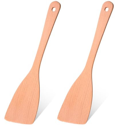 Lot de 2 spatules en bois pour ustensiles de cuisine antiadhésifs, grandes spatules wok en bois de 32 cm, spatule inclinée à long manche, spatules à frire plates à long manche