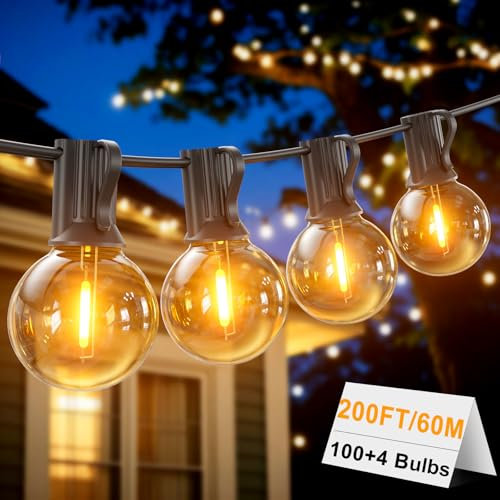 LONIUTO Festoon Lights Mains Powered 200FT Garden Lights Mains Powered with100+4 G40 LED Shatterproof 100+4 Bulbs,2700K Waterproof Connectable String Lights for Patio, Deck,Backyard,Balcony,Porch