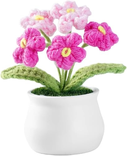 STNRST-IN Knitting Crochet Flowers Potted Plants, Artificial Mini Handmade Knitted Flowers Pot, Pink Small Cute Fake Flowers Desk Accessories for Kitchen Living Room Bedroom Office Decoration