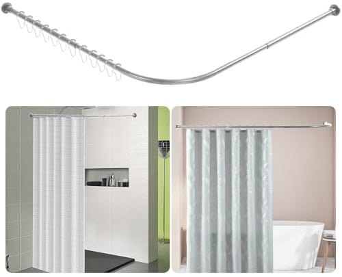 Btstil Shower Curtain Rail L Shape, Adjustable Corner Shower Curtain Rod, Wall Mounted 304 Stainless Steel Curved Shower Rail With 12 Rings for Bathroom Bathtubs (Silver, 68-138cm x 68-138cm)