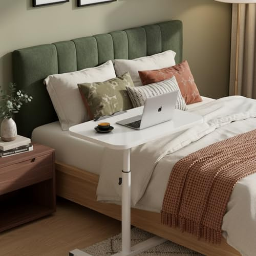 Adjustable Overbed Bedside Table with Wheels – Rolling Tray Desk for Home & Bedroom, Height Adjustable and Easy to Move (White)