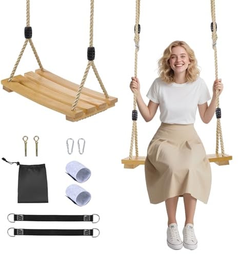 Holzschaukel für den Außenbereich für Kinder und Erwachsene, Holzschaukelsitz mit höhenverstellbarem Seil, Tragkraft 150 kg, einfache Montage an Bäumen, Decken und Balken im Außenbereich (Holzfarbe)