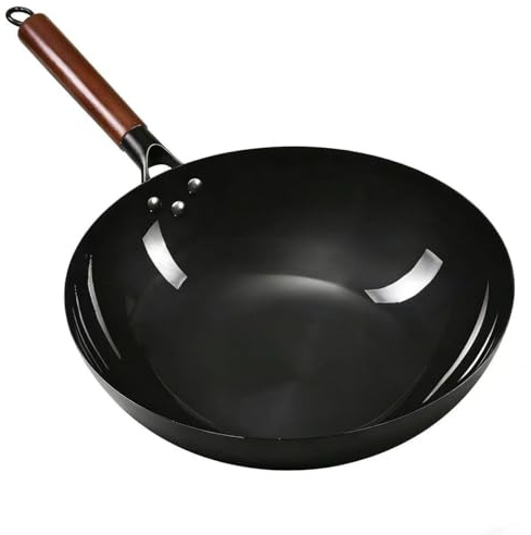 34cm Pre-Seasoned Carbon Steel Wok, Lightweight Round Bottom Wok with Wooden Handle, Thick Bottom Thin Sides for Even Heating, Suitable for Induction/Gas Stoves