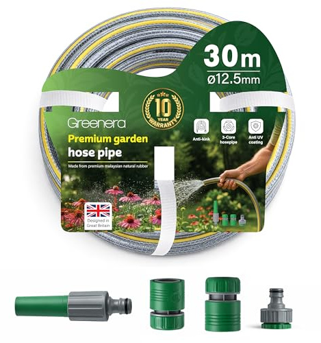Garden Hose Pipe, 12.5mm x 30m Starter Set, Including 2 in 1 Faucet Tap Adapter, Hose End Quick Connector and Sprayer, Re-Enforced PVC Layering, Hard-Wearing Hosepipe for Outdoor Garden Car Washing