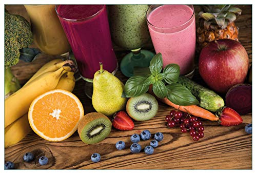 Wallario Küchenrückwand selbstklebend 90 x 60 cm, Motiv: Bunte Smoothies mit Obst in der Küche | Spritzschutz abwischbar & pflegeleicht