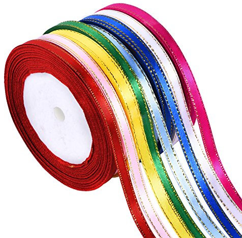 8 Rolle 1/4 Zoll x 25 Yard Satinband Doppel Satinband Geschenkband Dekoband Stoffband mit Goldenen Kanten, 8 Farben