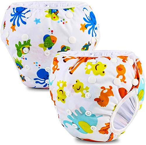 PHOGARY Bébé Couche de Bain (2 pièces), Bébé Réutilisable Couches Lavables, Ajustable Anti-fuite Imperméable Etanche Pantalon de Couche pour Bébé Garçon de 0 à 3 ans (zoo + créature marine)