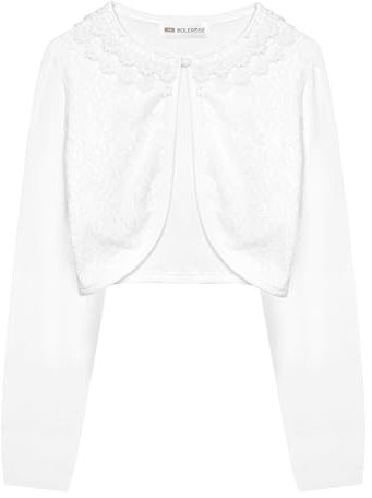 Bolerose Mädchen Lange Ärmel Blumen Spitze Bolero Strickjacke Kinder Zucken (Weiß, 11-12 Jahre)