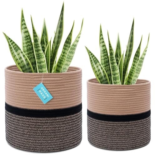 OrganiHaus Cesto Macetero Grande, 2 Unidades, Cesta Decorativa Estilo Boho Que Cubre Macetas, Cesta con Asa Oculta, Tiestos para Plantas de Interior Raya Negra/Marrón