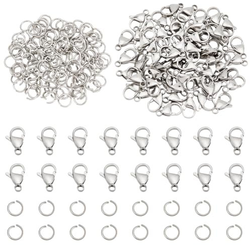 PandaHall 120 Stk. 6 mm 304 Edelstahl-Sprungringe Mit 60 Stk. Hummerkrallenverschlüsse Für Ohrringarmband Halskette Anhänger Schmuck DIY Basteln, Edelstahl Farbe