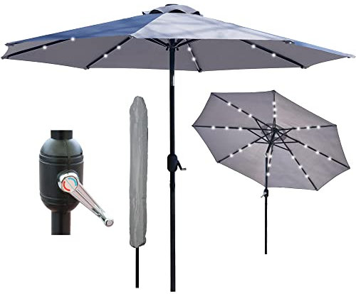 GlamHaus Garden Parasol Solar LED 2.7M,Tilting Table Umbrella with Crank Handle, Protection UV40, Includes Parasol Cover, Gardens and Patios - (Light Grey)