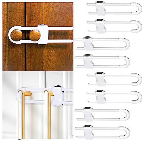 CHEEKY MONKEY 8 Pack Cupboard Locks for Children & Baby Proofing for Both Cabinet Knobs and Cabinet Handles. U Shaped Easy Slide Baby Drawer Safety Lock to Keep Your Child Safe