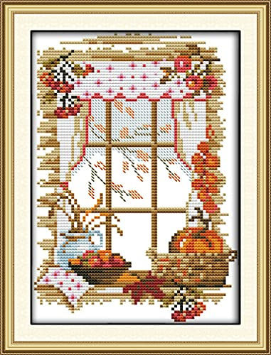 Amiiba Stamped Cross Stitch Kits, The Autumn of Four Seasons, Windowsill Mason Jars Pumpkin DIY 11CT 9x12.9 inch (Window)