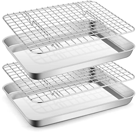 E-far Small Stainless Steel Baking Sheet with Rack Set, 9.4”x7.3” Cookie Sheet Pan for Toaster Oven, Rimmed Metal Tray with Wire Rack for Cooking/Baking/Cooling, Non-toxic & Dishwasher Safe