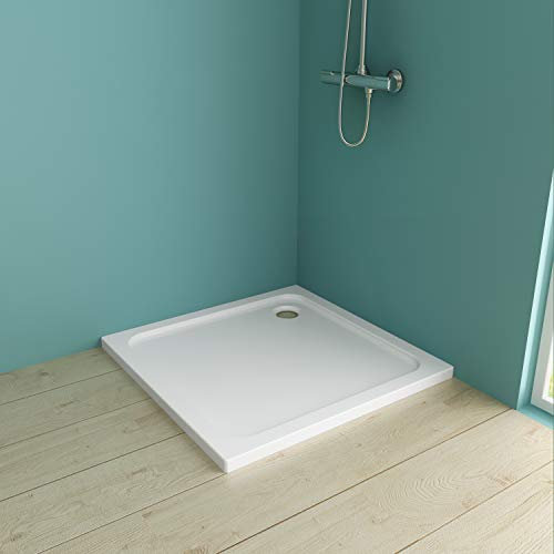 IMPTS Duschwanne 80x80 cm,Duschtasse aus langlebigem Sanitäracryl Duschtasse aus Sanitäracryl in Weiß Quadratisch extra Flach kratz- & rutschfest, inkl. Ablaufgarnitur
