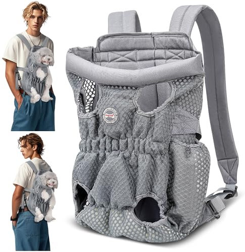 ALLSOPETS Zaino per Cani e Gatti – Zaino Porta Cane Frontale Traspirante e Comodo con Gancio di Sicurezza, Ideale per Viaggi Escursioni Campeggio (Grigio Argento, L)