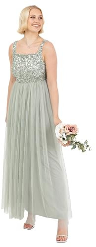 Maya Deluxe Women's Damen Maxikleid mit Breiten Trägern, Ärmellos, Quadratischer Ausschnitt, Verziert für Hochzeit, Gast, Abschlussball Bridesmaid Dress, Green Lily, 50