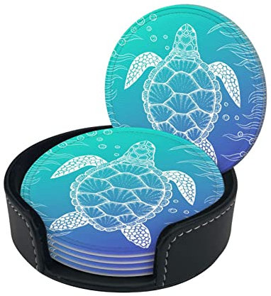 6 Stück Leder Untersetzer für Getränke mit Halter Bubble Sea Turtle Untersetzer Sets Getränke Tisch Tasse Untersetzer für Küche Kaffee Dekor