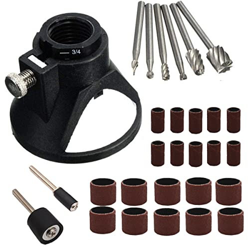 Boxonly 29 PCS Rotary Multi Purpose Tool Horn Cover Cutting Guide Router Attachment Kit with 6pcs HSS Routing Drills Bits,20pcs Sandpaper Circle,2pcs Shaft Carving Rotary Locator Set