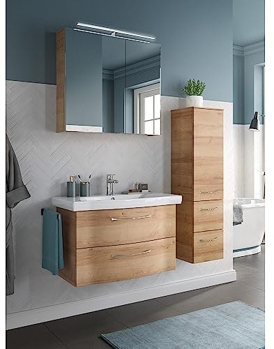 Lomadox Badmöbel-Set in Riviera Eiche quer Nb., 82cm Keramik Waschbecken, LED Beleuchtung, B/H/T ca. 127/200/46 cm