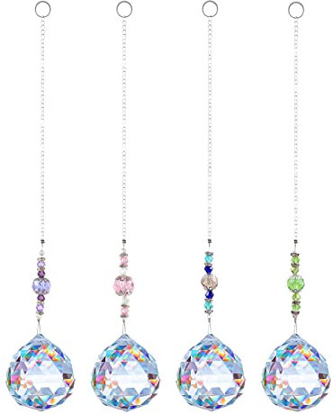 4 Stück Sonnenfänger Kristall, Kristall Prisma aus Glas, Kristalle Deko Anhänger, Regenbogen Maker für Zuhause, Büro, Garten Dekoration