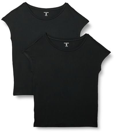 Amazon Essentials Women's Jersey Regular-Fit Short-Sleeve Boat-Neck T-Shirt, Pack of 2, Black, XS