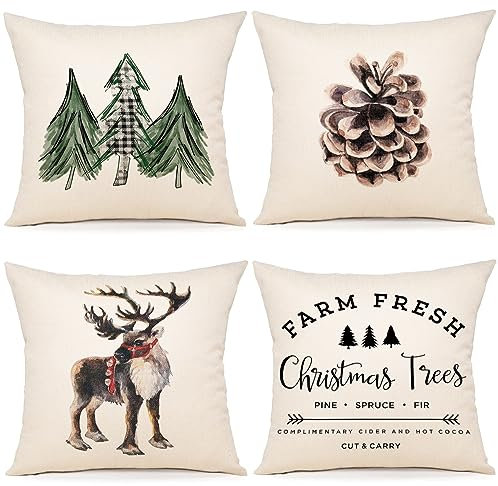 ZWJD Kissenbezug Weihnachten 45x45 4er Set Kissenbezüge Dekokissen Leinen Kissenhüllen für Deko Weihnachten Sofa Schlafzimmer Couch Kissenbezug 45x45 cm