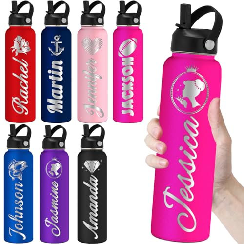 Botellas de agua personalizadas con pajilla, botella de agua grabada personalizada para la escuela, nombre personalizado, doble pared aislada, rosa oscuro
