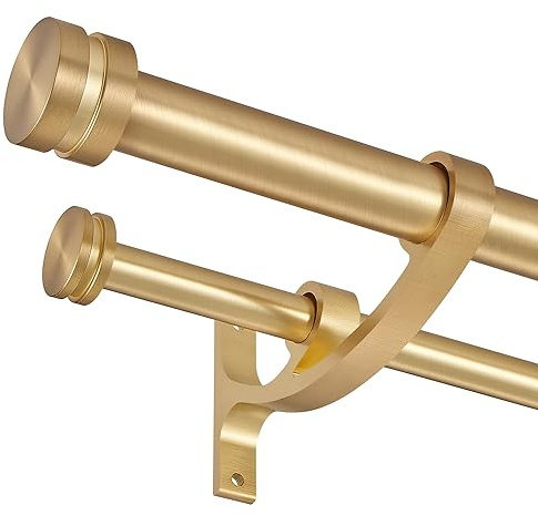 Double Drapery Curtain Rods, 72-144” Telescoping Curtain Rod with 1inch large rod and 5/8inch small rod, Modern Round Style Finials, Warm Gold