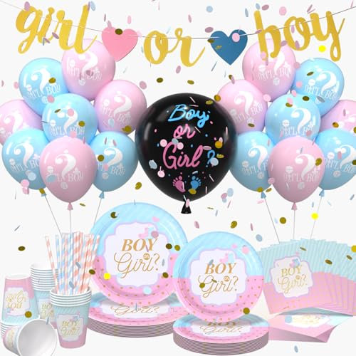 Gender Reveal Party Tableware Set, 120PCS Boy or Girl Gender Reveal Tableware Paper Plates Napkins Cups and Straws Tablecloths Banners Balloons, Baby Shower Gender Reveal Party Supplies, 20 Guests