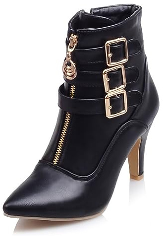 Buckle Ankle Boots for Women Pointed Toe High Heels Booties with Zipper Kitten Heel Shoes Black 7.5